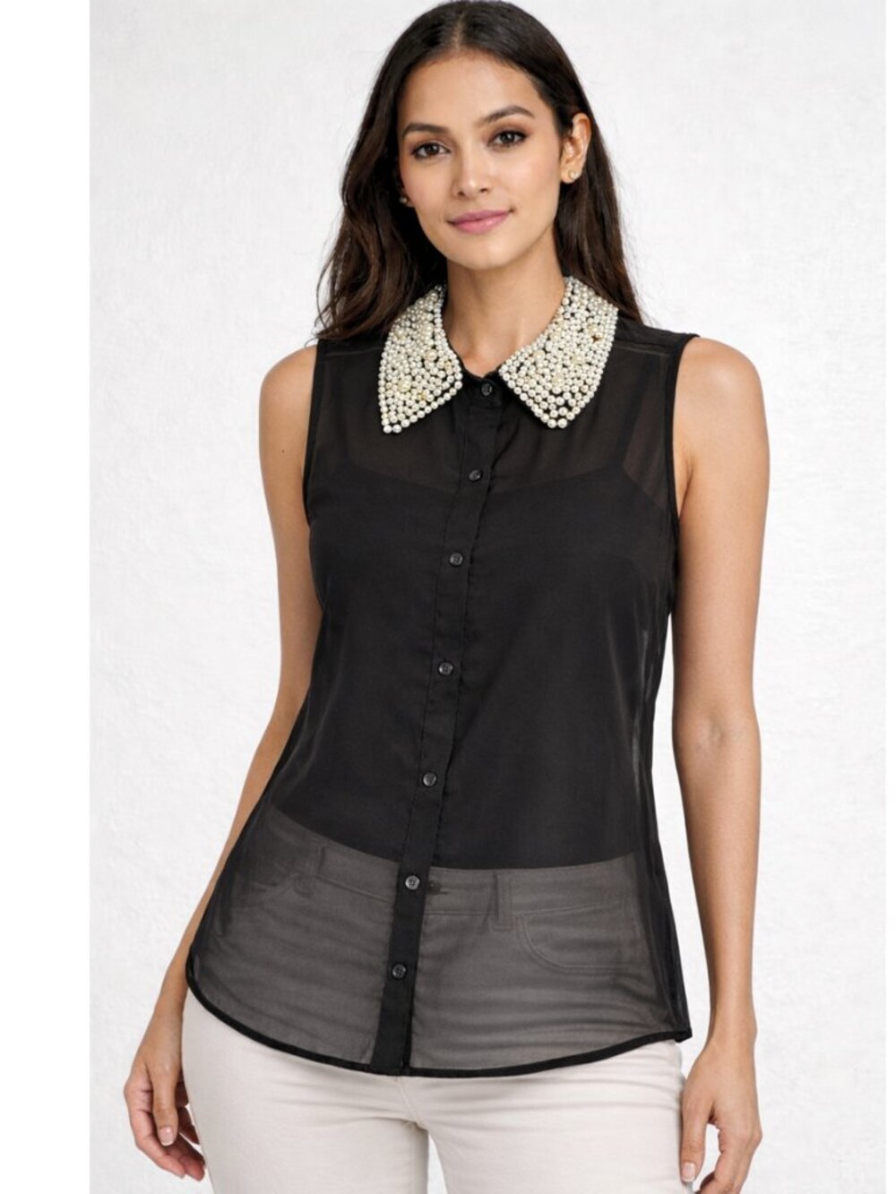 Pearl Beaded Embellished Button Sheer Black Shirt Tunic Top Sleeveless Large